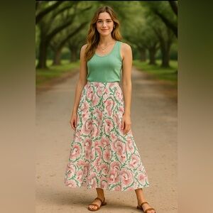 CK Bradley Boho Peasant tiered maxi skirt botanical refined floral block print S